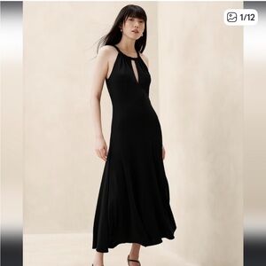 Banana Republic black midi dress with high neckline and side